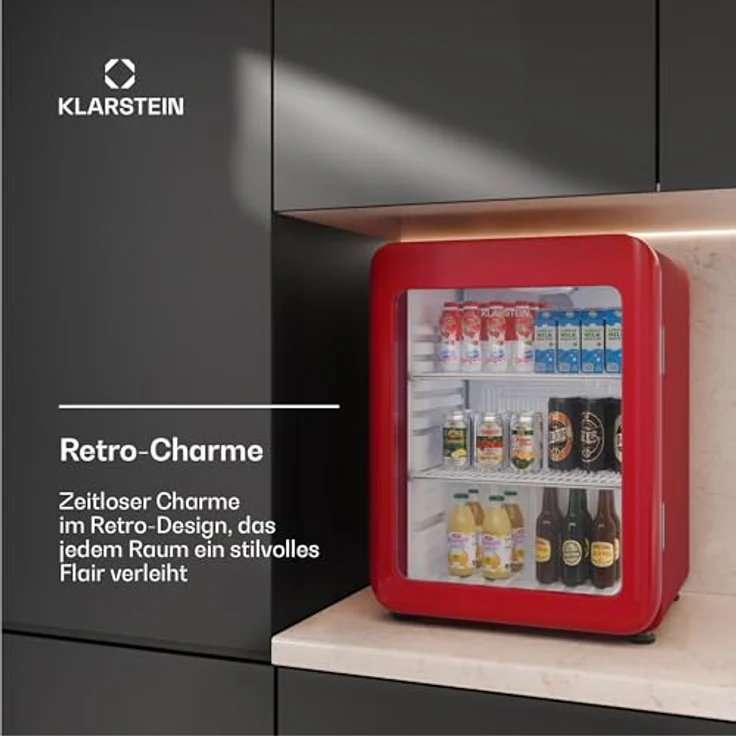 Klarstein Audrey Evo Getränkekühlschrank, 68 Liter, 67 cm hoch, Retro-Optik, energieeffizient, umkehrbare Tür, rot – Bild 3