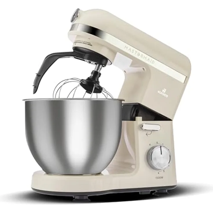 Karaca Mastermaid Chef Pro Double Armed Küche Koch 1500W Soft Cream, Glänzend Cream, 1500W, 5 L Mixer, Food Processor, Geschwindigkeitseinstellung, Knethaken, Verquirlen, Kneten und Mischen