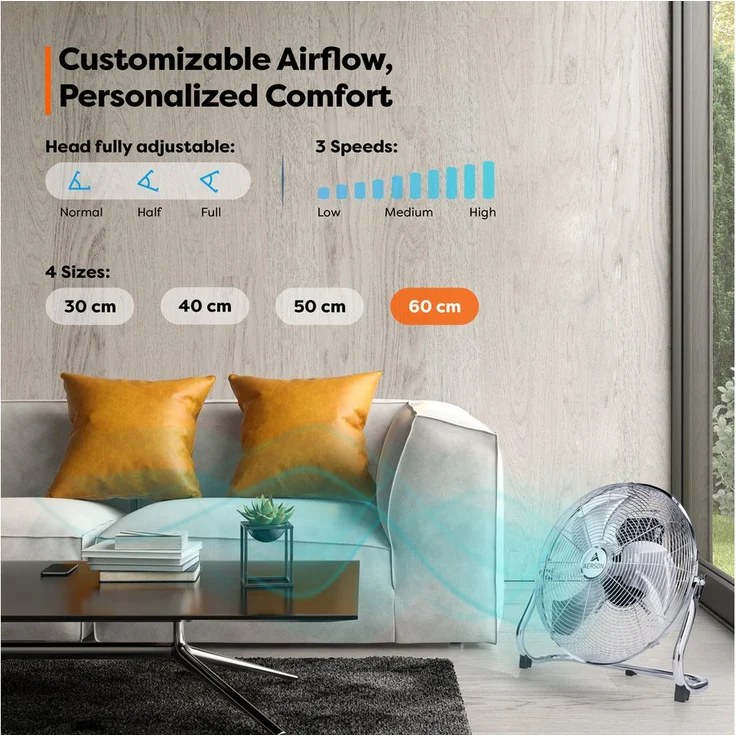 AERSON Bodenventilator Windmaschine, 3-Leistungsstufen, neigbar bis 110°, Metallausführung in Chrom-Optik