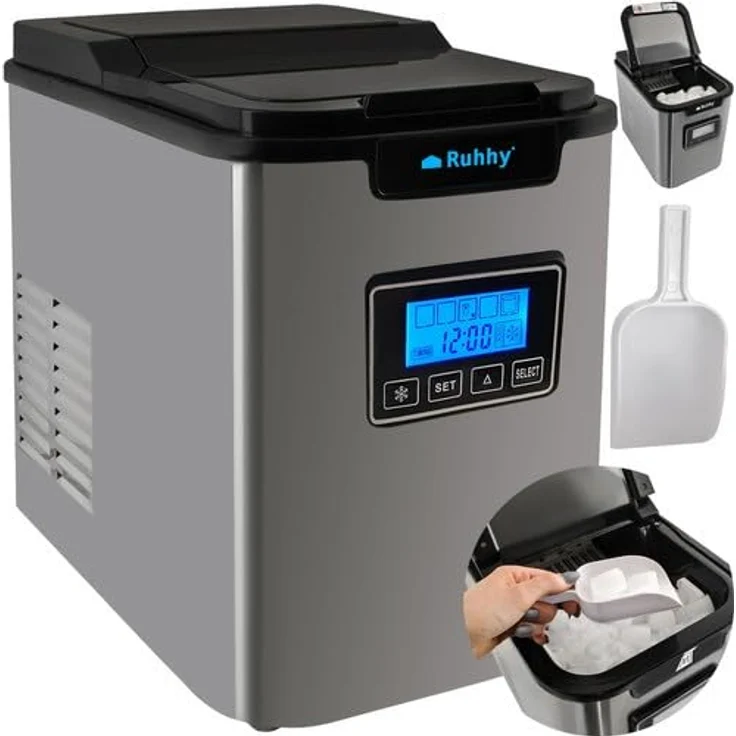 Ruhhy Eismaschine Eiswürfelmaschine mit variabler Würfelgröße - 120 W Leistung, 2,2l, Edelstahl – Bild 1