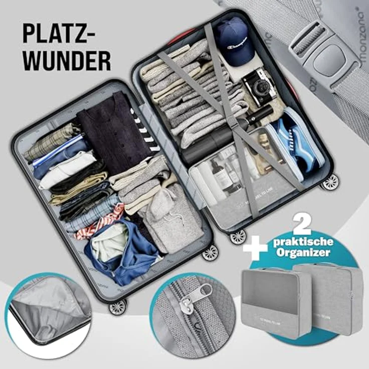 Monzana 3tlg. Kofferset TSA Schloss Organizer Kofferwaage Gurt Gel-Griffe Zwillingsrollen Standfüße Trolley Reisekoffer Hartschalen Koffer M-L-XL in Schwarz – Bild 3