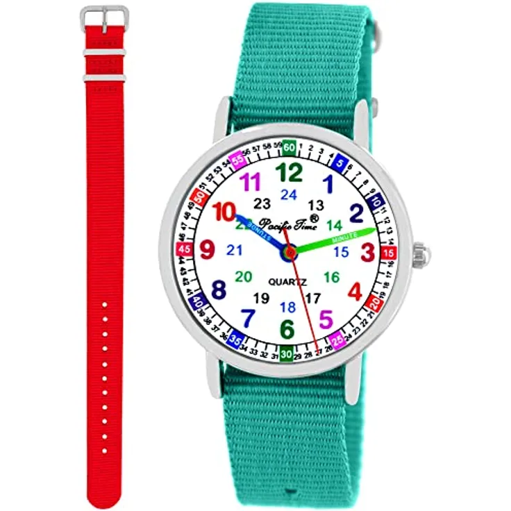 Pacific Time Kinder Armbanduhr 11129, Lernuhr mit analogem Quarzwerk, Textilarmband in türkis und rot, kinderfreundliches Zifferblatt