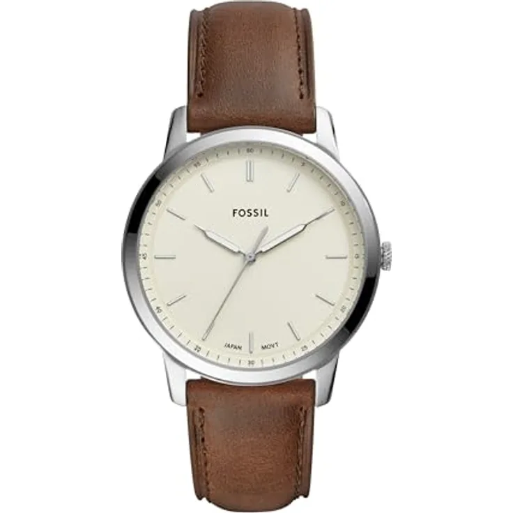 Fossil Herrenuhr Edelstahl, Quarz mit Leuchtzeigern, Gehäusedurchmesser 44 mm, braunes Lederarmband, wasserdicht bis 5 Bar
