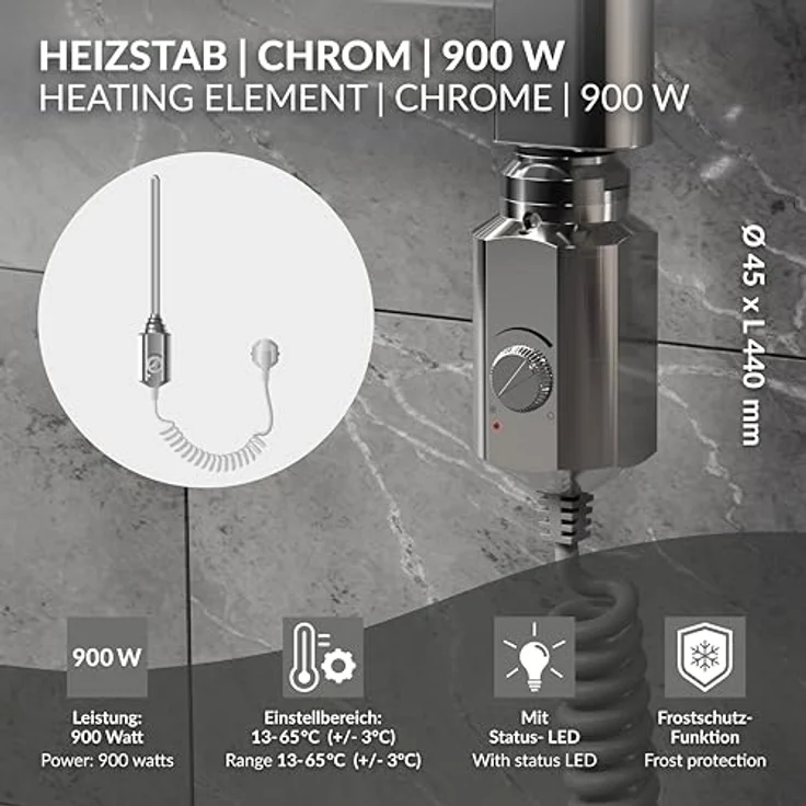 ECD Germany Heizstab 900W Chrom für Badheizkörper, Elektronischer Temperaturregler & Frostschutz-Funktion – Bild 2