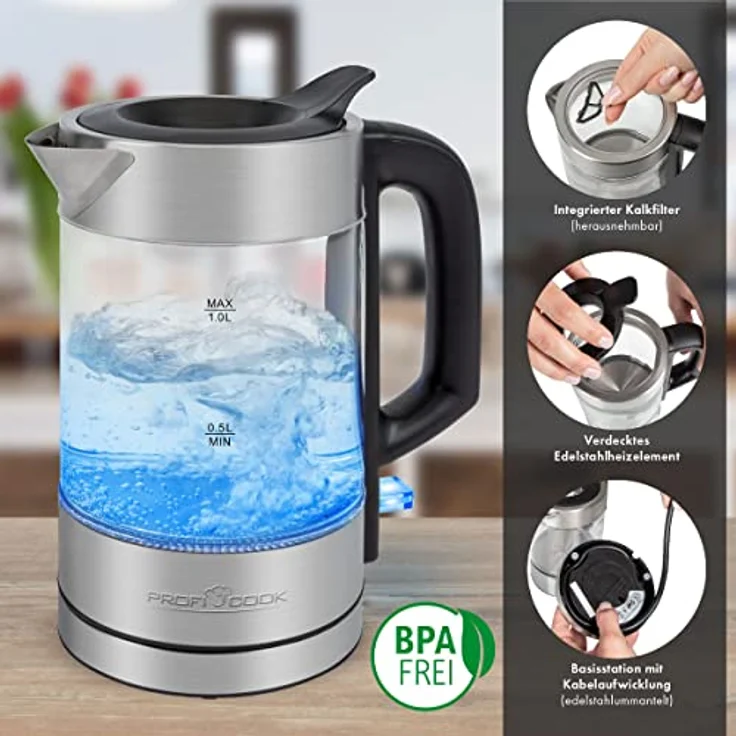 ProfiCook PC-WKS 1229 Glas-Wasserkocher, 1 Liter, Wasserstandsanzeige, LED-Beleuchtung, Kontrollleuchte, silber, schwarz – Bild 3