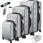KESSER® 4pcs Hartschalenkoffer Reisekoffer Set Trolley Koffer inkl. Gepäckwaage + Gepäckanhänger rollendes Kofferschloss, 4 Rollen ABS, Hartschale Teleskopgriff S-M-L-XL, Silber