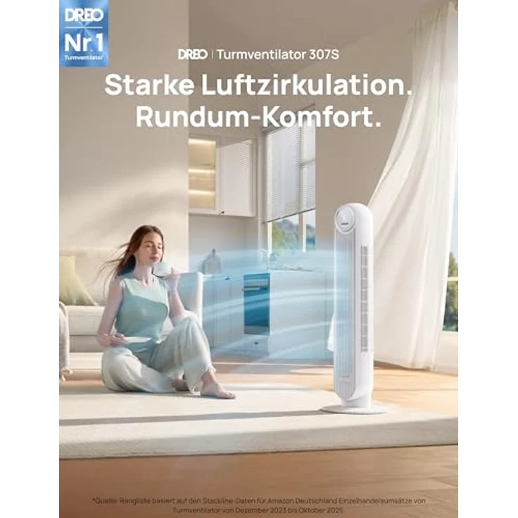 Dreo Smart Turmventilator Nomad OneS, 20dB leise, 10 m Wurfweite, 4 Geschwindigkeitsstufen, 4 Modi, 8 Std. Timer, 90° Oszillation, WLAN & Fernbedienung, Weiß – Bild 3