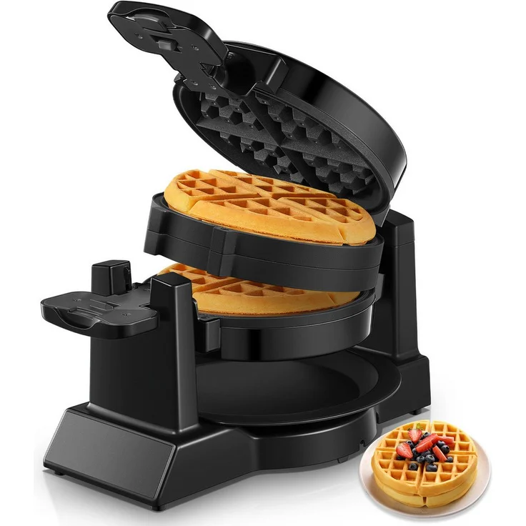 FOHERE Doppelwaffeleisen für belgische Waffeln, 1400 W, 180°-Wendefunktion, herausnehmbare Fettauffangschale
