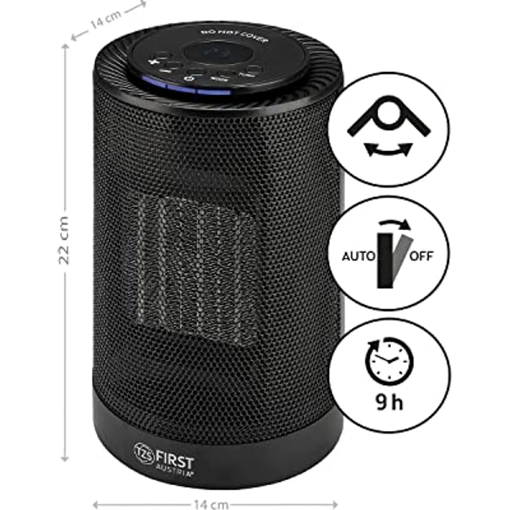 TZS First Austria Heizlüfter energiesparend | Kleiner & leiser Heizstrahler mit Keramik Heizelement | Oszillation, Elektroheizung 600-1200 Watt, Timer, Thermostat, Umkippschutz, schwarz – Bild 3