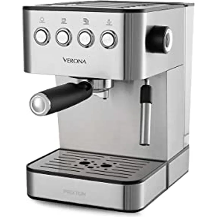 PRIXTON Verona Espressomaschine - 20 bar Druck - 850W Leistung - Siebträger für 2 Kaffees - Dampfgarer - Rostfreier Stahl