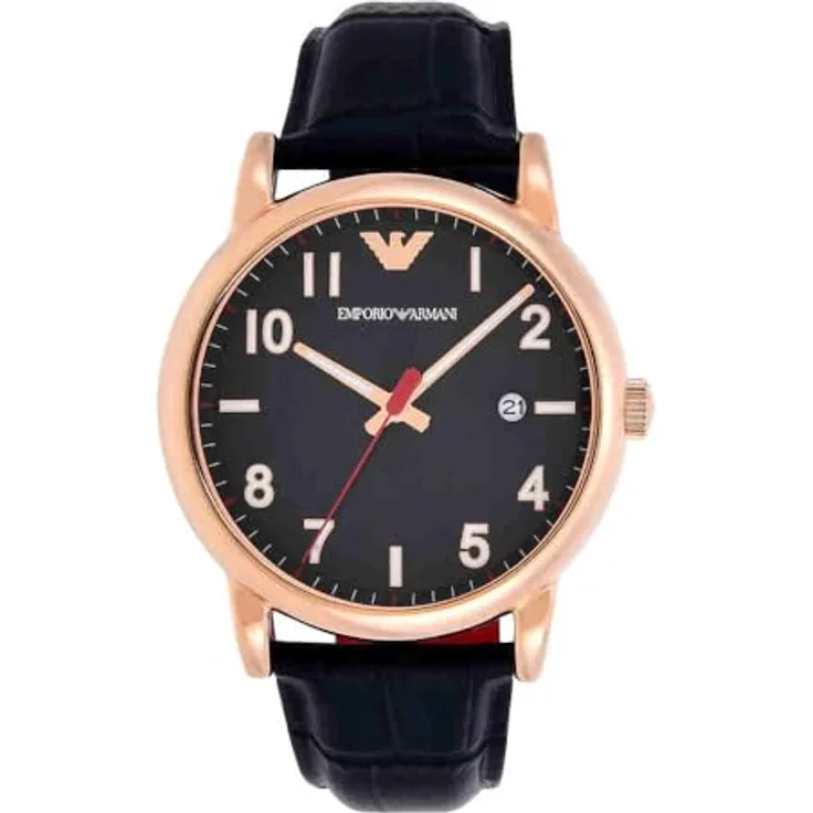 Emporio Armani Uhr AR11135, Herren, 43mm, Zweizeiger Datumswerk, Rose Gold Edelstahlgehäuse, blaues Zifferblatt, Lederarmband