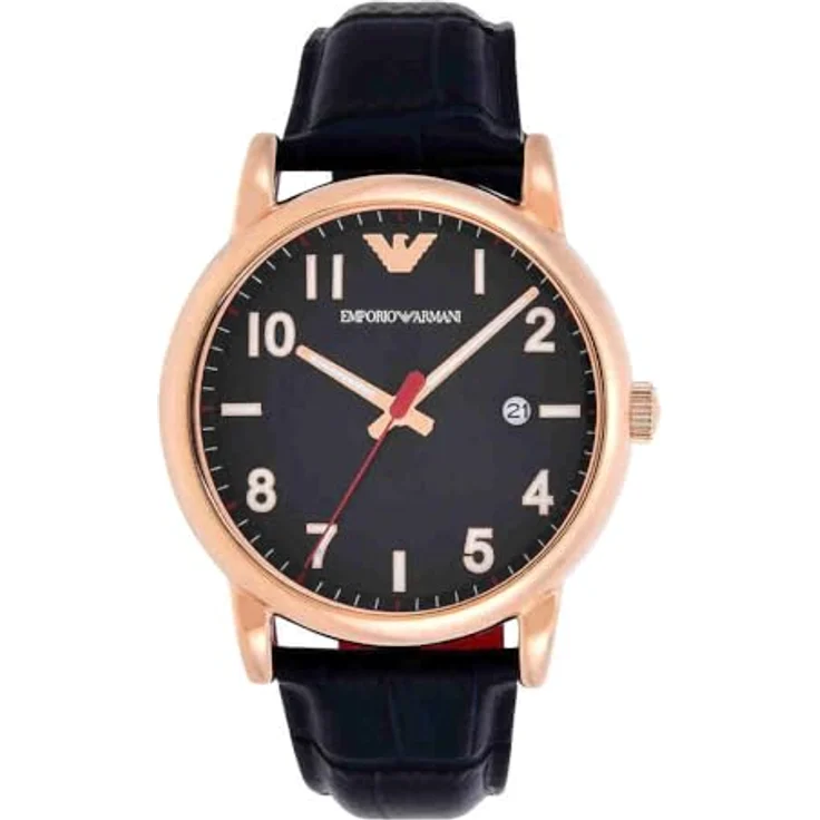 Emporio Armani Uhr AR11135, Herren, 43mm, Zweizeiger Datumswerk, Rose Gold Edelstahlgehäuse, blaues Zifferblatt, Lederarmband – Bild 1