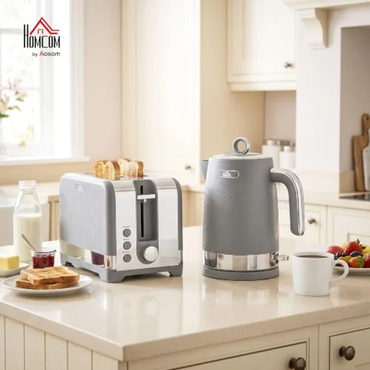 HOMCOM Wasserkocher- und Toaster-Set, 2200 W mit Thermostat, 1,7 l Wasserkocher und 2-Scheiben-Toaster, Grau – Bild 2