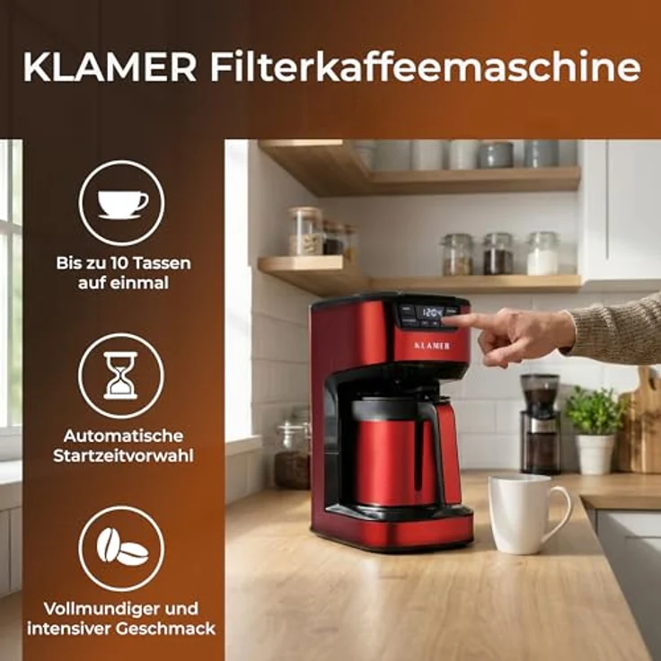 KLAMER Filterkaffeemaschine mit Thermoskanne, 1,25L für bis zu 10 Tassen, Startzeitvorwahl & Tropf-Stopp, 1000 Watt, Edelstahl – Bild 2