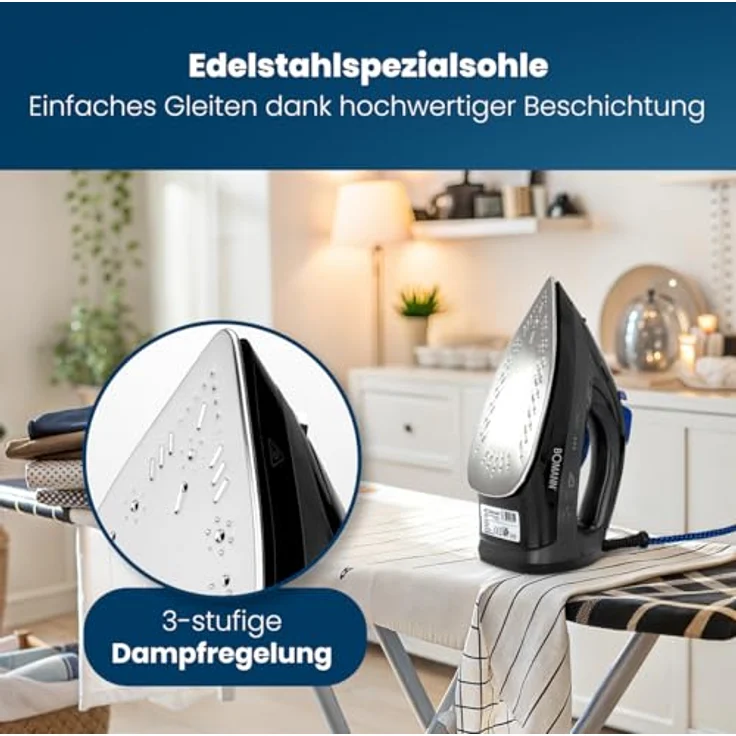 Bomann DB 6003 CB Dampfbügeleisen mit 7 Funktionen, Edelstahlspezialsohle, stufenlose Temperaturregulierung, zuschaltbare Selbstreinigungsfunktion, Schwarz-Blau – Bild 2