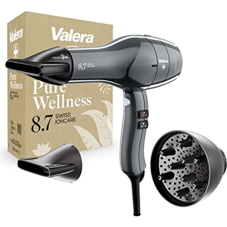 Valera, Swiss Ioncare 8.7, professioneller Haartrockner, leiser Föhn mit Ionen-Generator, 3 Temperaturstufen, Kaltlufttaste, verdrehsicheres Kabel, 2400 W, grau