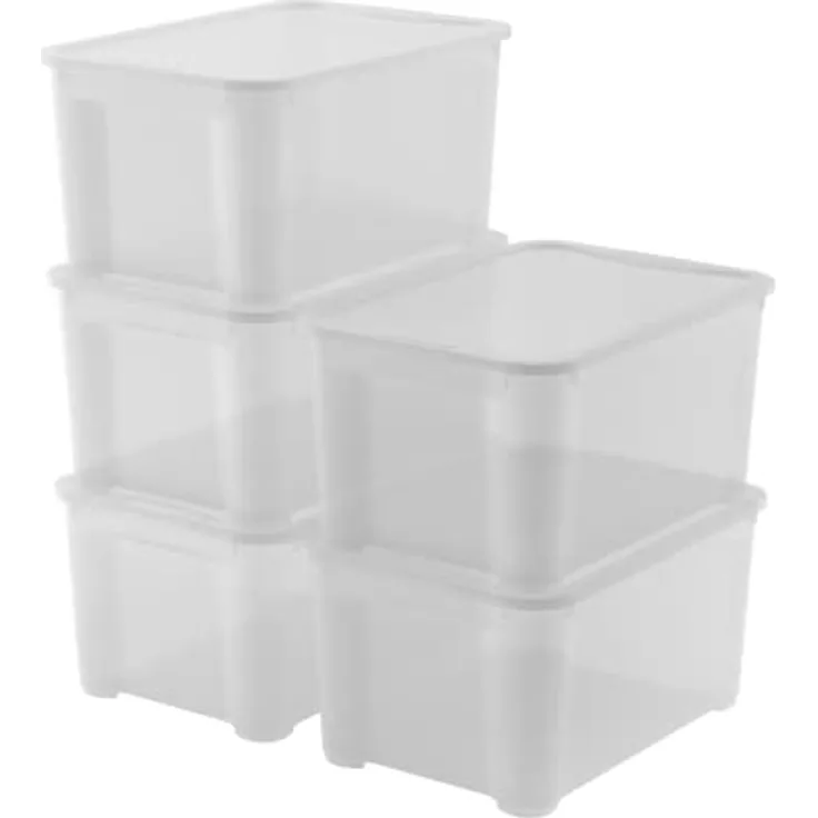 Keter 5er Set Aufbewahrungsboxen aus Kunststoff mit Deckel T Box L, transparent, ideal für Kleidung und als Aufbewahrungsbox, geeignet für Schränke und Garagen, 47 l, 55 x 39 x 28 cm
