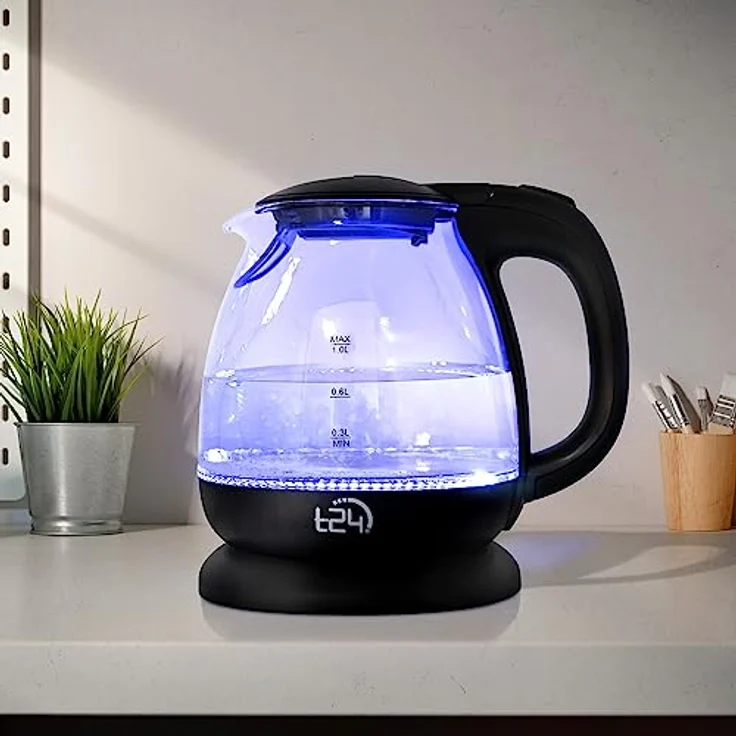 T24 Borosilikatglas Wasserkocher mit LED, 1100 Watt, 1 Liter, 360°-Basis, Glas, Edelstahl schwarz – Bild 9