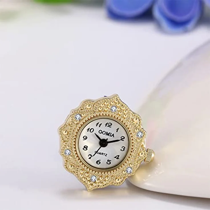JewelryWe Ringuhr Damen Analog Quarz, Retro Geschnitzt mit Blumen, Strass, Edelstahl, Verstellbar, Weißes Zifferblatt und Gold Gehäuse – Bild 5