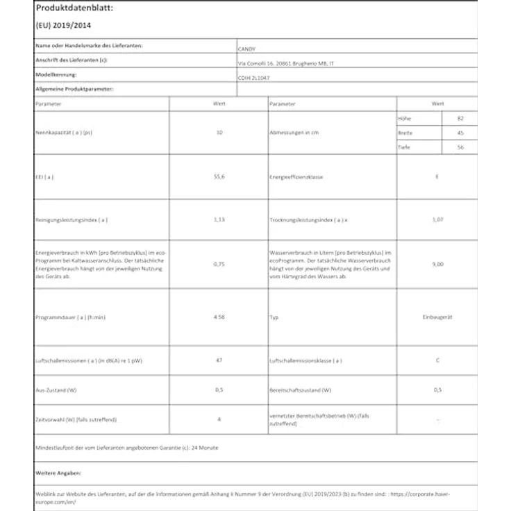 Candy CDIH2L1047, Geschirrspüler, E, Geräuschemissionsklasse C, Geräuschemissionen 47 Dezibel – Bild 8