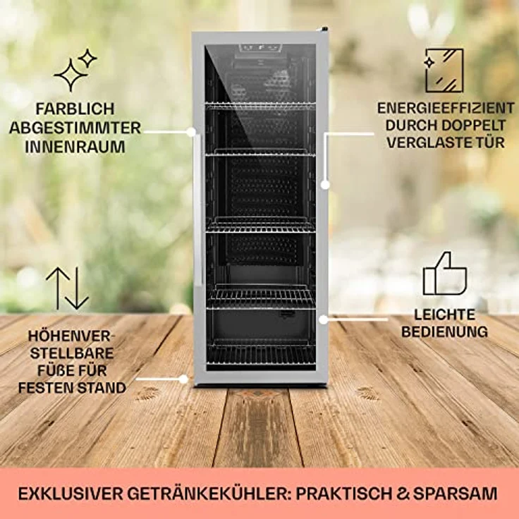 Klarstein Mini Kühlschrank mit Glastür, 201 Liter Getränkekühlschrank, leise mit verstellbaren Ablagen, Edelstahl – Bild 5