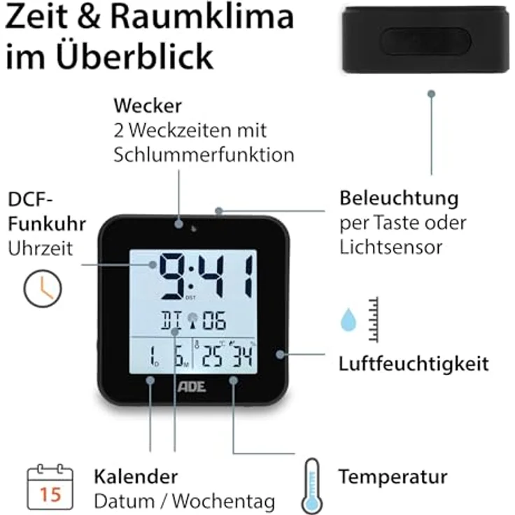 ADE Funkwecker digital funk mit Temperatur und Luftfeuchtigkeit, automatischer Lichtsensor, 2 Weckzeiten, Schlummerfunktion – Bild 3