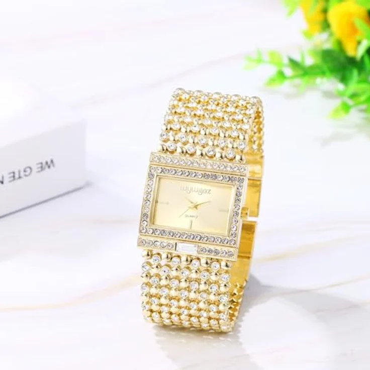JewelryWe Damenuhr Glitzer Rechteckig Uhr: Goldene Bling Strass Analog Quarz Armbanduhr mit breitem Metallarmband und Eckigem Zifferblatt – Bild 5