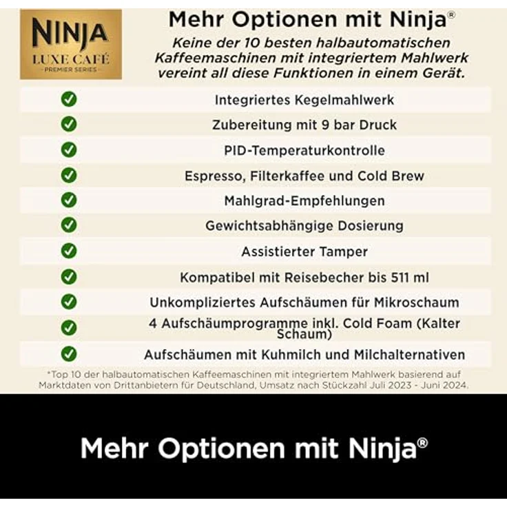 Ninja Luxe Café Premier ES601EUBK, Siebträgermaschine mit integriertem Kegelmahlwerk, Dual Froth System und automatischer Getränkeanpassung, Schwarz – Bild 8