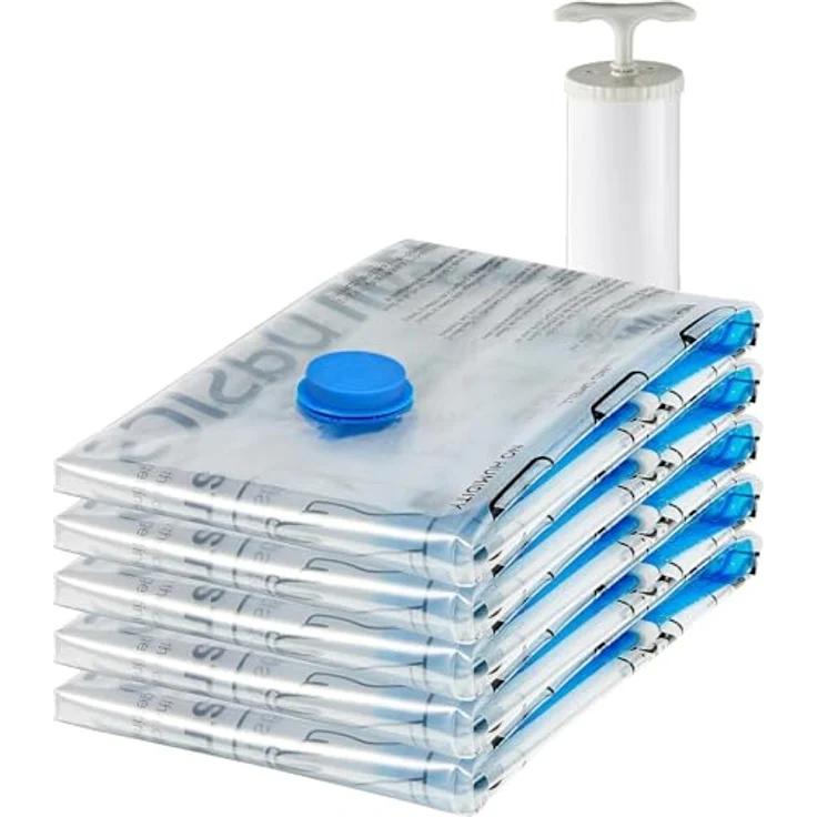 Amazon Basics Vakuumbeutel für Kleidung, 5er-Pack groß mit luftdichtem Ventil und Handpumpe, transparent, platzsparend und reißfest – Bild 1