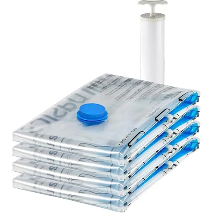 Amazon Basics Vakuum-Kompressionsbeutel, X-Jumbo Aufbewahrungsbeutel mit Handpumpe, 4er Pack, transparent, für Kleidung und große Gegenstände