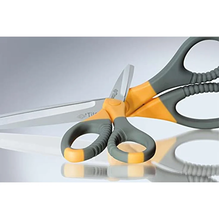 Wedo 9858 Universalschere (Titan plus, beschichteter Edelstahl, mit Spezialschliff, gummierte Softgriffe auch für Linkshänder, 21,5 cm) grau/gelb – Bild 2