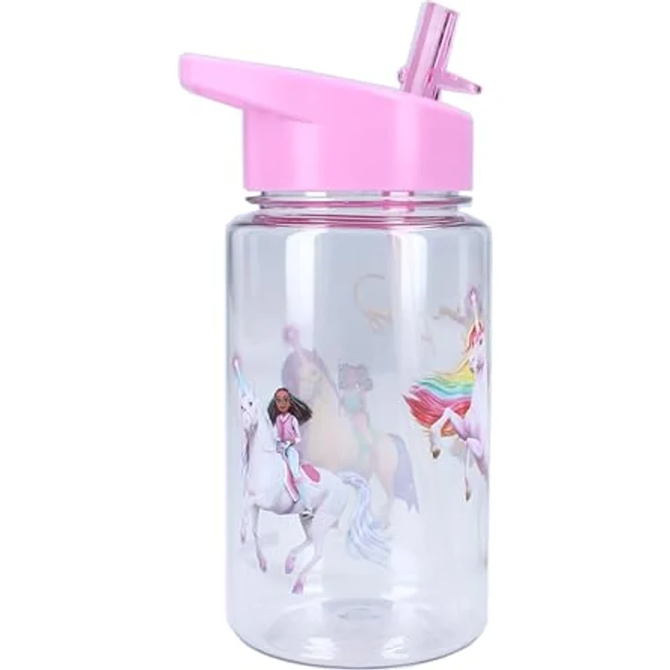 Unicorn Academy Trinkflasche Trinkbecher 450 ml, transparent mit Strohhalm & pinkem Henkel – Bild 3