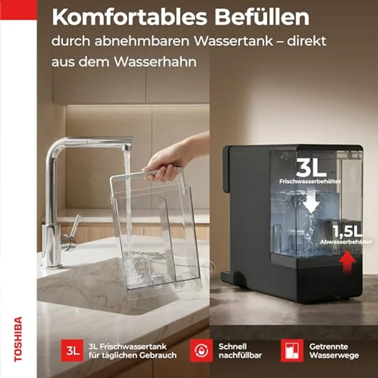 Toshiba Auftisch Osmoseanlage, Wasserfilter für Trinkwasser mit 5-in-1 Filter, UV-Sterilisation, NSF-zertifiziert, Heißwasserspender, weiß – Bild 10