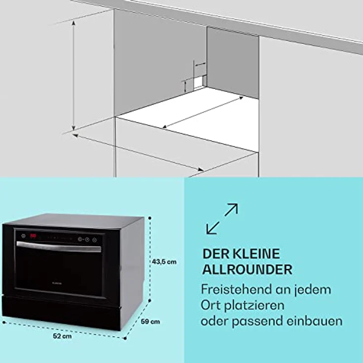 Klarstein Havasia UV 6 Luminance schwarz, Tischgeschirrspüler, E, Geräuschemissionsklasse C, Geräuschemissionen 49 Dezibel – Bild 6