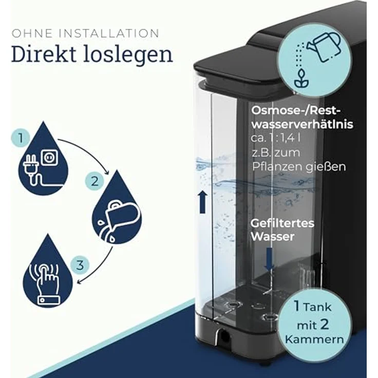 VILTARO® Osmoseanlage Trinkwasser [schwarz, 5-stufiges Filtersystem, 6 Temperaturstufen, mobil ohne Wasseranschluss] | Umkehrosmoseanlage | Osmose Wasserfilter | Kalkfilter | Trinkwasserfilter – Bild 3