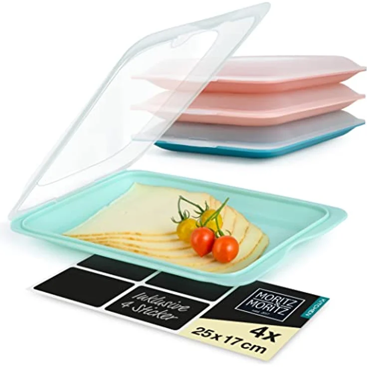 Moritz & Moritz 4er Set Aufschnittbox stapelbar – Frischhaltedosen mit Deckel zur Aufbewahrung von Wurst, Käse, uvm. – inkl. Tafelsticker zum Beschriften, in edlen Grautönen - Preisvergleich – Bild 1