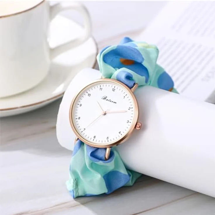 JewelryWe Damenuhr mit Blumenmuster, Elastisches Haarband, Quarz Armbanduhr in Blau, Multifunktionale Lässige Uhr mit Haargummi – Bild 2
