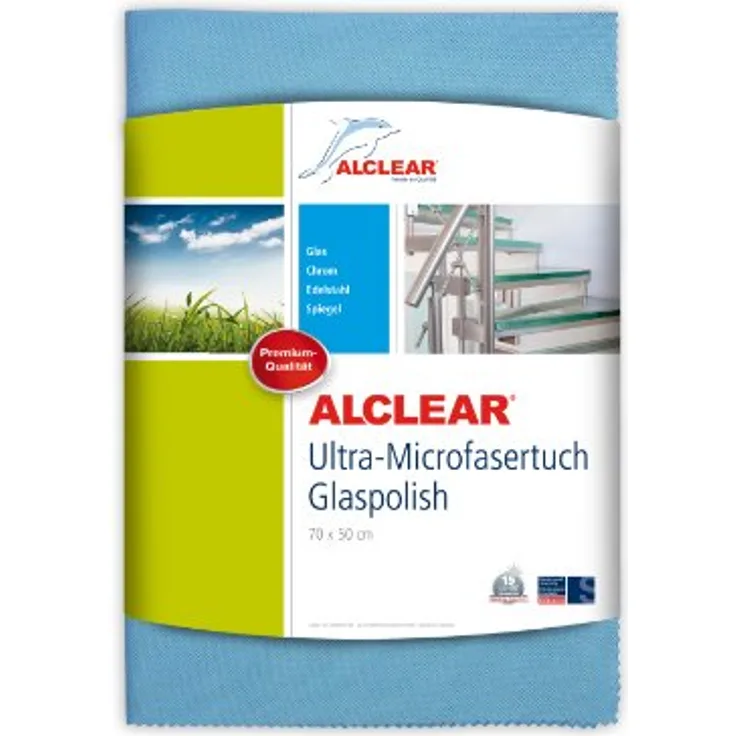 ALCLEAR Ultra-Microfasertuch Glaspolish, 70x50 cm, Fenstertuch, streifenfreies Scheibentuch und Gläserpoliertuch, Farbe: blau