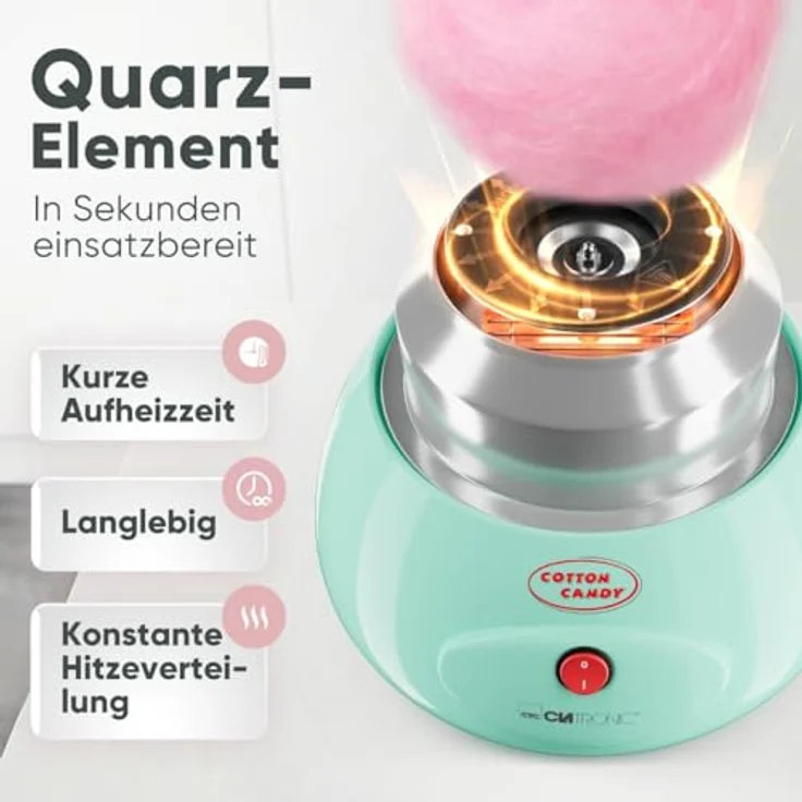 Clatronic ZWM 3478, Zuckerwattemaschine 500W mit Messlöffel, 10 Holzstäbchen und Spritzschutz, mint – Bild 5
