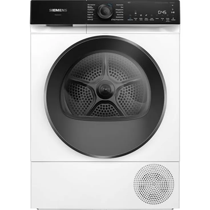 SIEMENS WQ45H2BECO, iQ500, 9 kg Smarter Wärmepumpentrockner, Selbstreinigender Kondensator, autoDry, speedPack, Reversierende Trommel, Nachlegefunktion, halbe Beladung, Trommelinnenbeleuchtung, Weiß
