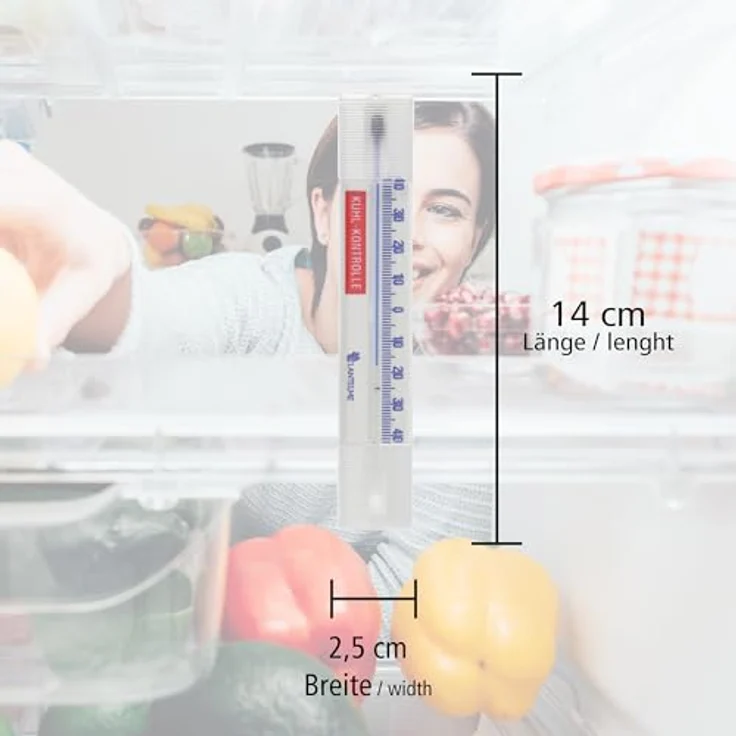 Lantelme Kühlschrankthermometer Set, 5 Stück selbstklebend, analog, Temperaturbereich -40°C bis +40°C, 14 cm lang, Made in Germany – Bild 2