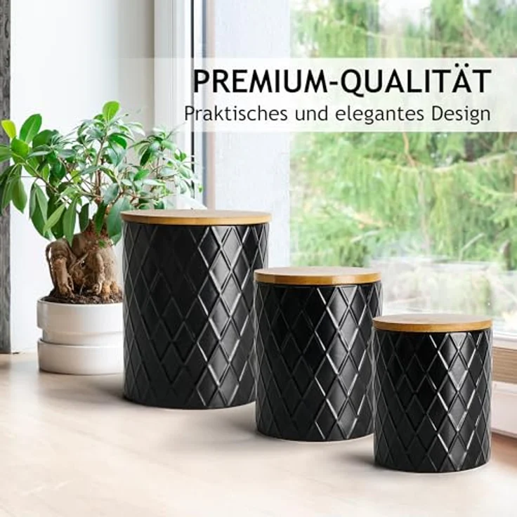 MIAMIO Palmanova Kollektion Set von 3 Vorratsdosen, Keramik mit luftdichtem Bambusdeckel, 845ml, 1100ml und 1800ml, Schwarz – Bild 4