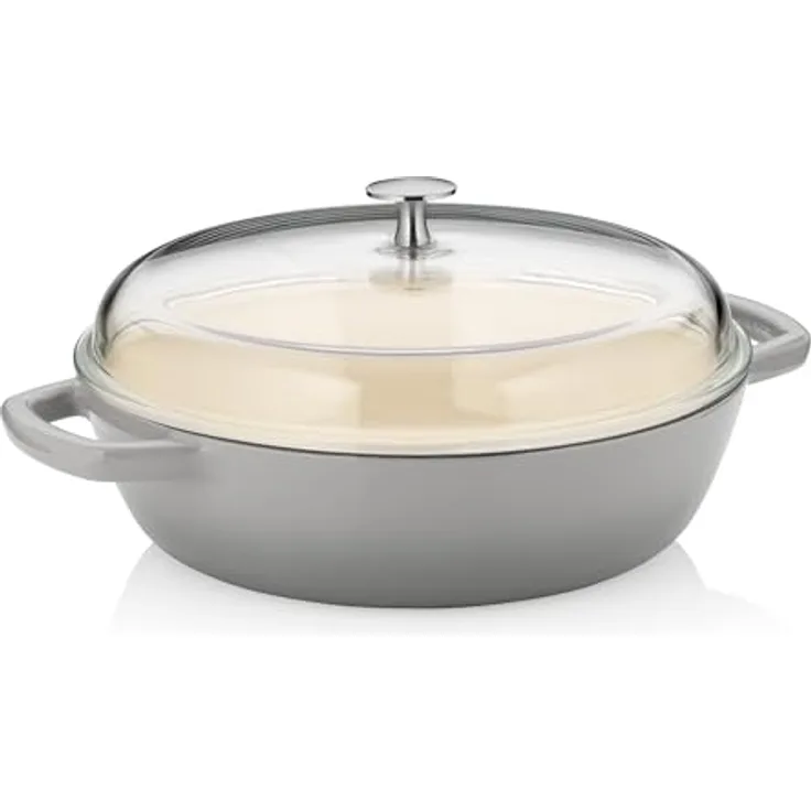 kela Schmorpfanne CALIDO 28 cm Gusseisenpfanne mit Glasdeckel, 3,8 l, Emailliert, Induktion, hellgrau