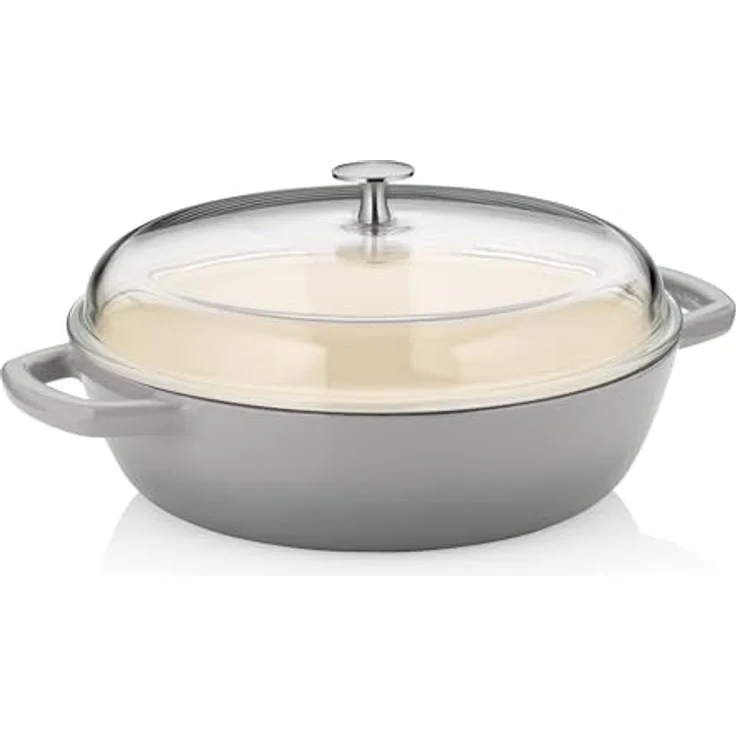 kela Schmorpfanne CALIDO 28 cm Gusseisenpfanne mit Glasdeckel, 3,8 l, Emailliert, Induktion, hellgrau – Bild 1