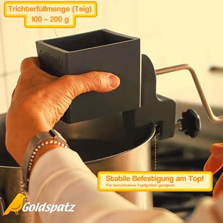 Goldspatz MAX Spätzlemaschine, robuste 3D-Oberflächenstruktur, spülmaschinengeeignet, lebensmittelecht, mit Edelstahlkurbel, Made in Germany – Bild 2