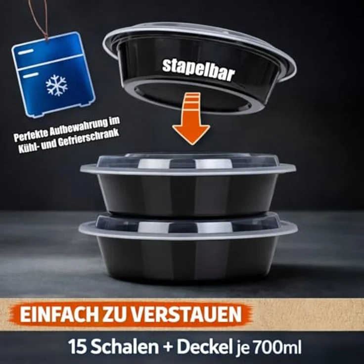 BigDean Meal Prep Boxen 700 ml, 15 runde Schalen mit Deckel, BPA-frei, mikrowellengeeignet, spülmaschinenfest, gefrierfest, stapelbar – Bild 4