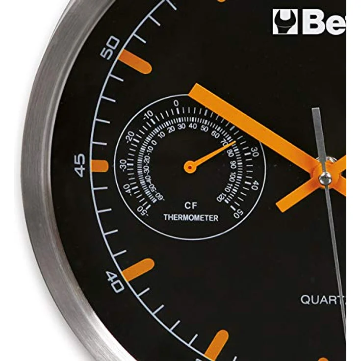 Beta 9594 Wanduhr mit Thermometer und Luftfeuchtigkeitsmesser, Multifunktionale Quarzuhr für die Werkstatt (26 cm Durchmesser, misst Temperatur und Luftfeuchtigkeit), Schwarz/Orange/Silber – Bild 3