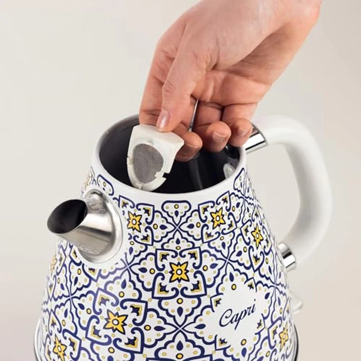 Ariete 2869 Capri Wasserkocher, elektrischer Wasserkocher, 1,7 l, Aufgüsse, Tee, Kräutertee, kabelloser Boden, automatische Abschaltung, mediterraner Stil, blau – Bild 3