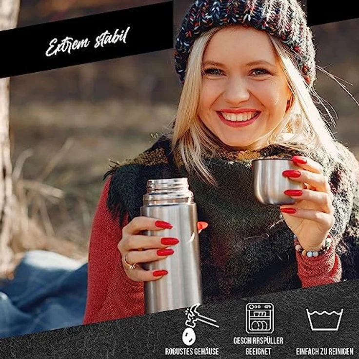 GOODS+GADGETS Edelstahl Thermosflasche mit Becher; Doppelwandige Isolierkanne; Auslaufsicher, Spülmaschinenfest & BPA-frei; hält Getränke heiß & kalt (Silber, 500 ml) – Bild 3