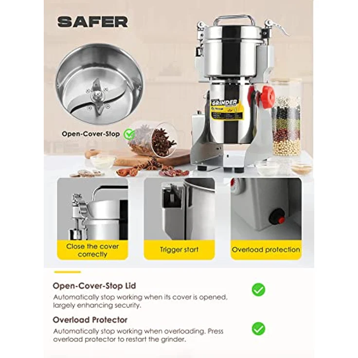 CGOLDENWALL 300-2500g Verbesserte Getreidemühle mit Open-Cover-Stop Unique Sicherheit Design Elektrische Mühle für Trockenes Material wie Kräuter/Getreide/Gewürze/Pfeffer – Bild 4